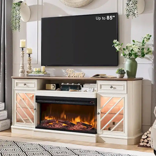 Farmhouse TV Stand with 3-Sided Fireplace, Entertainment Center