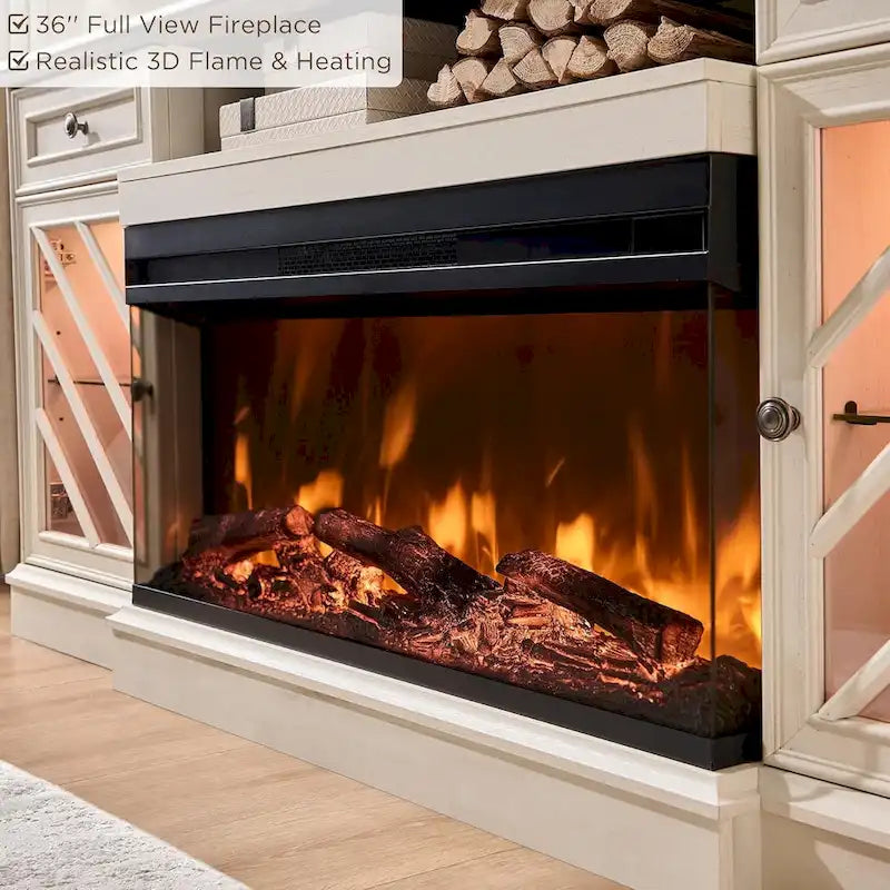Meuble TV de style campagnard avec cheminée à 3 faces, centre de divertissement