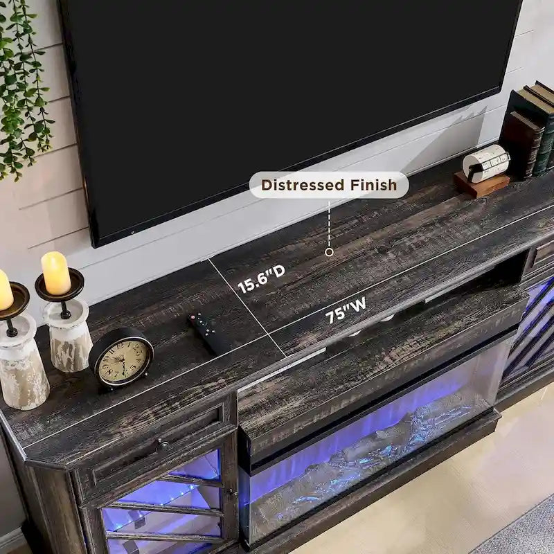 Meuble TV de style campagnard avec cheminée à 3 faces, centre de divertissement