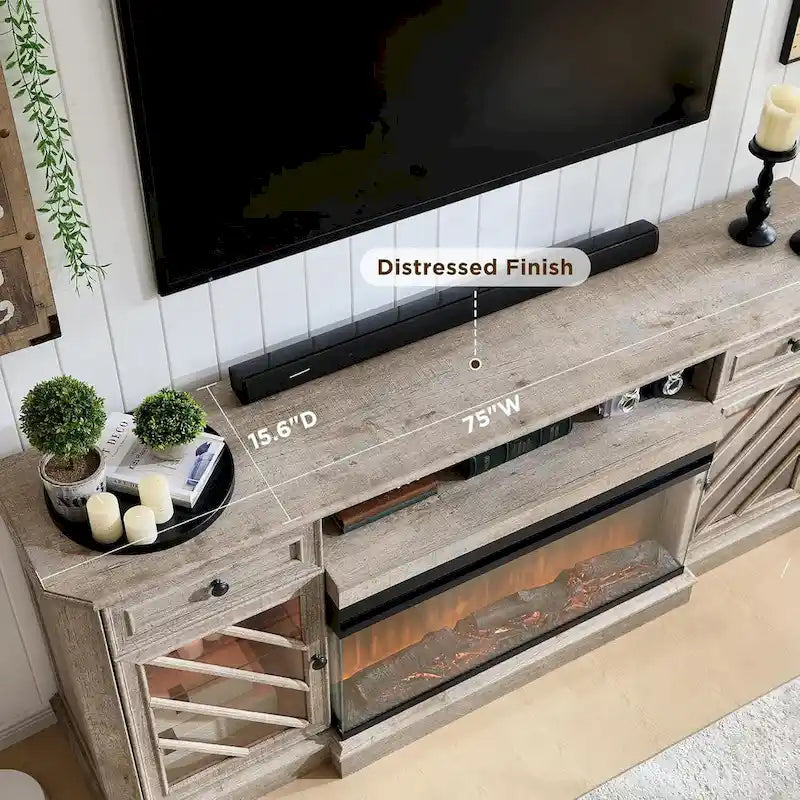 Meuble TV de style campagnard avec cheminée à 3 faces, centre de divertissement