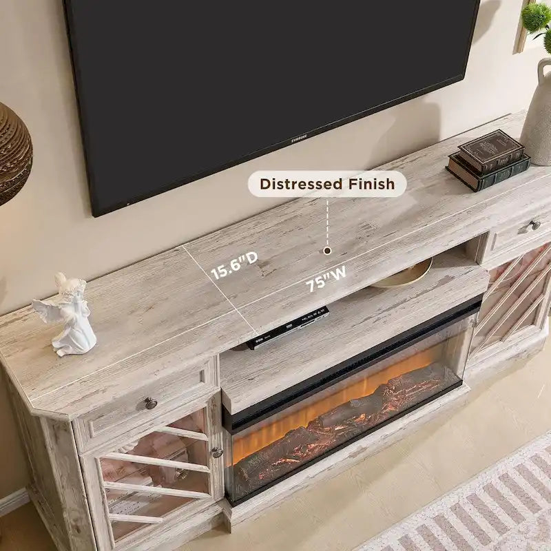 Meuble TV de style campagnard avec cheminée à 3 faces, centre de divertissement