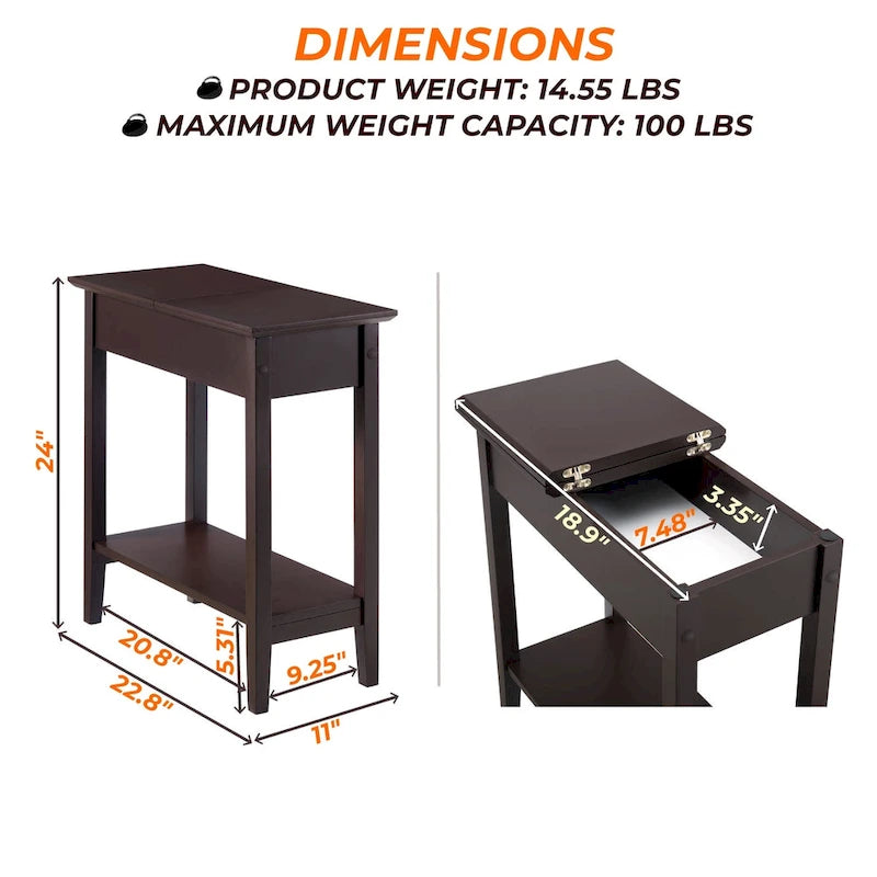 Table d'appoint fine et élégante, table de chevet étroite et table de nuit mince