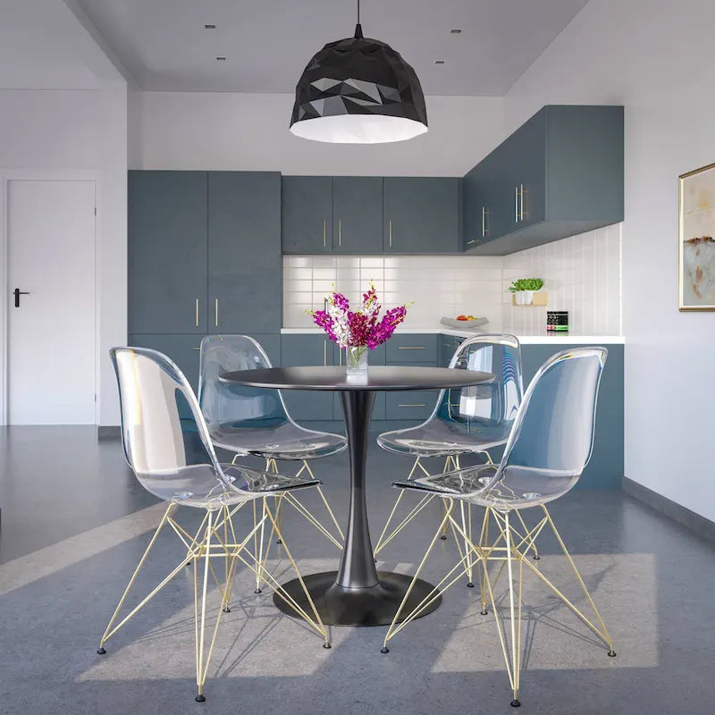 5-Piece Dining Set with 35 Round MDF Table and 4 ABS Plastic Side Chair with Gold Metal Legs