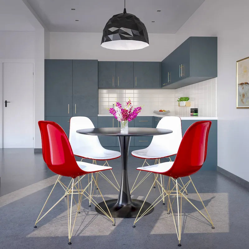 Ensemble de salle à manger 5 pièces comprenant une table ronde en MDF de 35 pouces et 4 chaises d'appoint en plastique ABS avec pieds en métal doré.