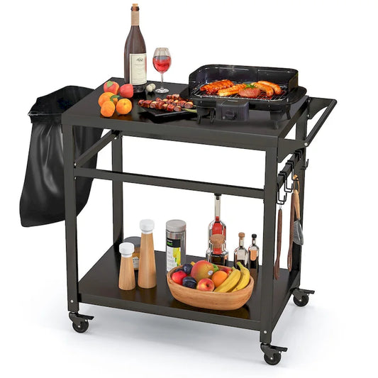 Gymax Outdoor Grill Cart Pizza Oven Stand w/ Shelf Hooks Lockable