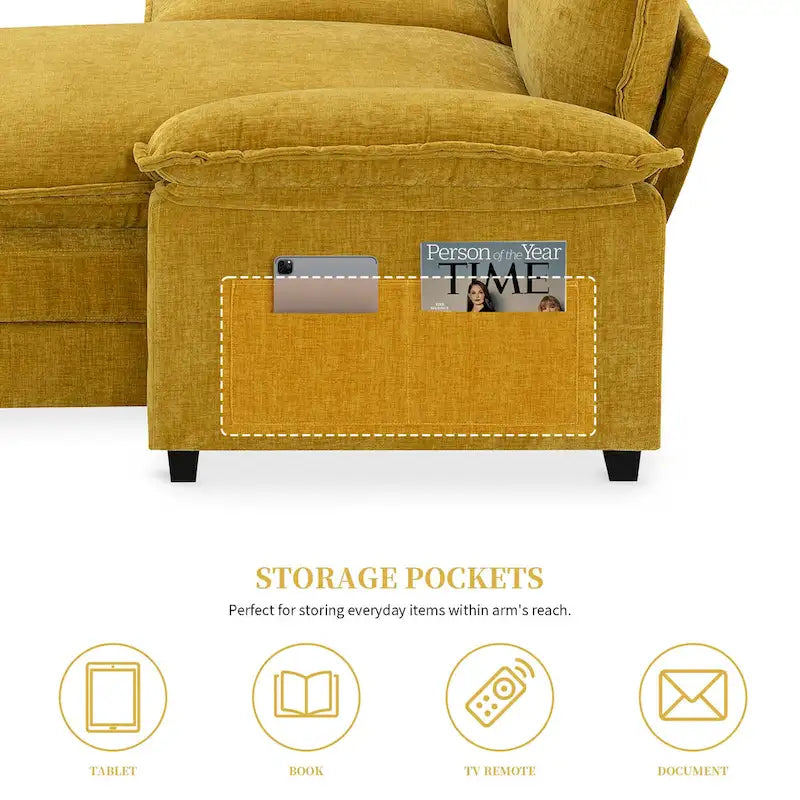 Canapé d'angle en chenille de 118 pouces avec méridienne réversible, canapé Cloud 5 places, rangements et coussins intégrés aux accoudoirs