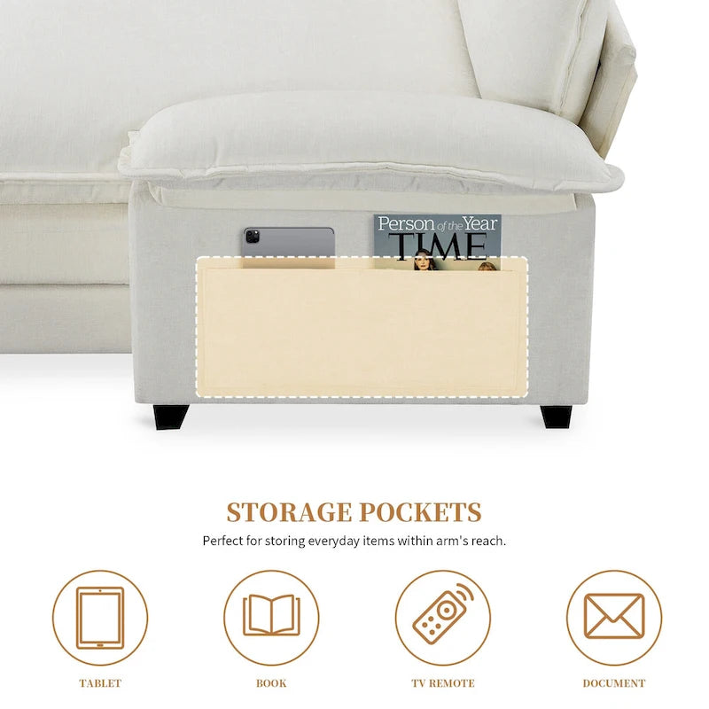 Canapé d'angle en chenille de 118 pouces avec méridienne réversible, canapé Cloud 5 places, rangements et coussins intégrés aux accoudoirs