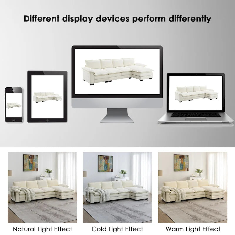 Canapé d'angle en chenille de 118 pouces avec méridienne réversible, canapé Cloud 5 places, rangements et coussins intégrés aux accoudoirs