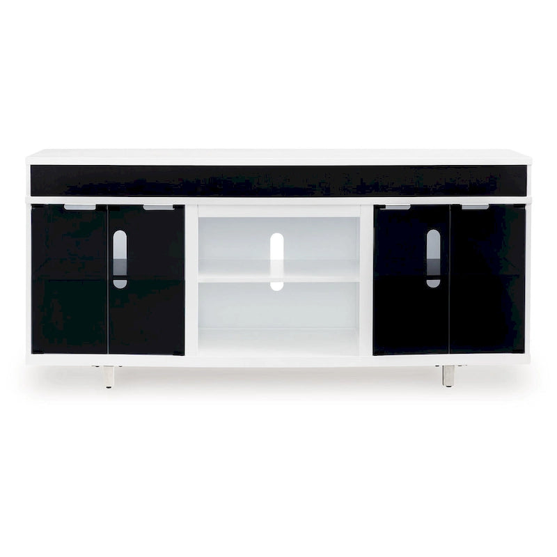Meuble TV Ardon, foyer ouvert, bois blanc et noir, 72 pouces