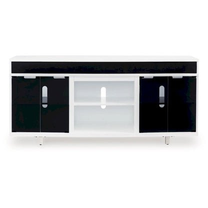 Meuble TV Ardon, foyer ouvert, bois blanc et noir, 72 pouces