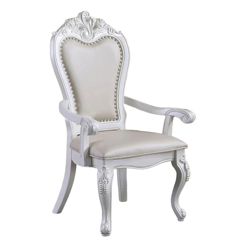 Zenie Dining Armchair Set of 2, Carved Cabriole, Faux Leather, White Wood