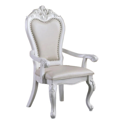 Zenie Dining Armchair Set of 2, Carved Cabriole, Faux Leather, White Wood