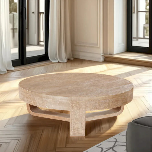 Milan Coffee Table, 32 Inch Round Top, Mango Wood with Sandblasted Natural Brown, Open Sled Base