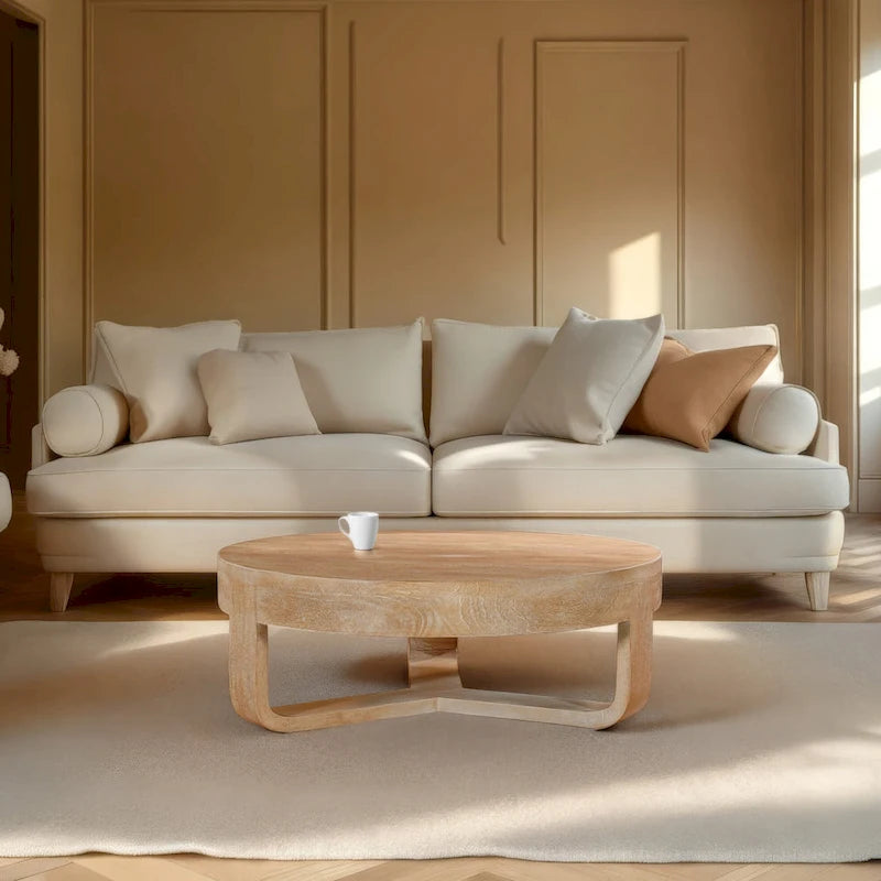 Table basse Milan, plateau rond de 81 cm, bois de manguier finition sablée brun naturel, piètement traîneau ouvert