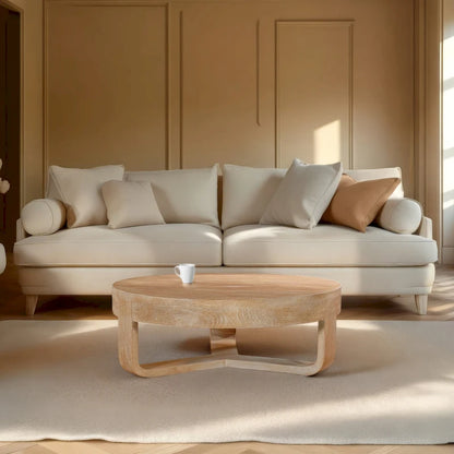 Table basse Milan, plateau rond de 81 cm, bois de manguier finition sablée brun naturel, piètement traîneau ouvert