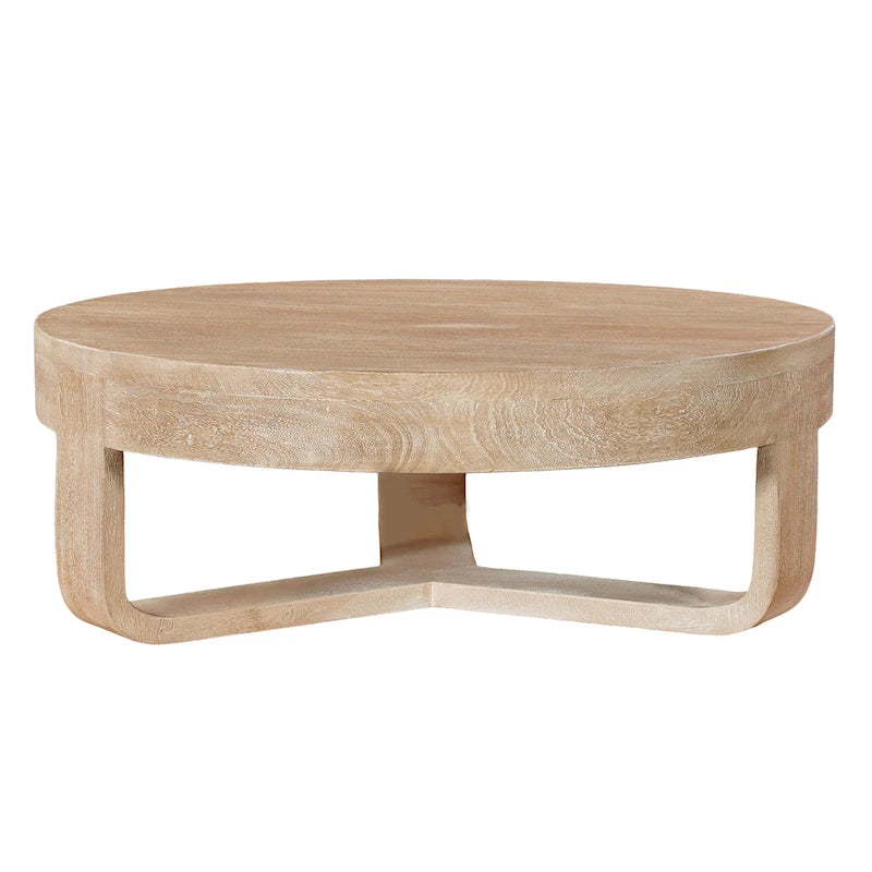 Table basse Milan, plateau rond de 81 cm, bois de manguier finition sablée brun naturel, piètement traîneau ouvert