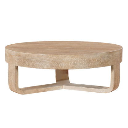 Table basse Milan, plateau rond de 81 cm, bois de manguier finition sablée brun naturel, piètement traîneau ouvert