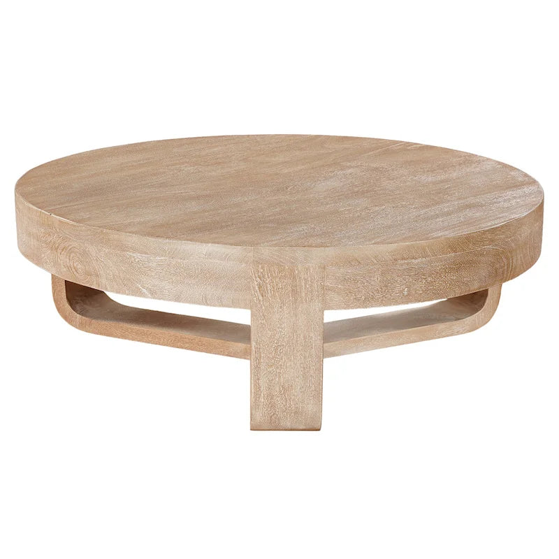 Table basse Milan, plateau rond de 81 cm, bois de manguier finition sablée brun naturel, piètement traîneau ouvert