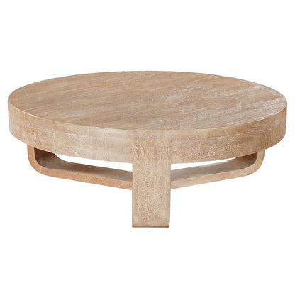 Table basse Milan, plateau rond de 81 cm, bois de manguier finition sablée brun naturel, piètement traîneau ouvert