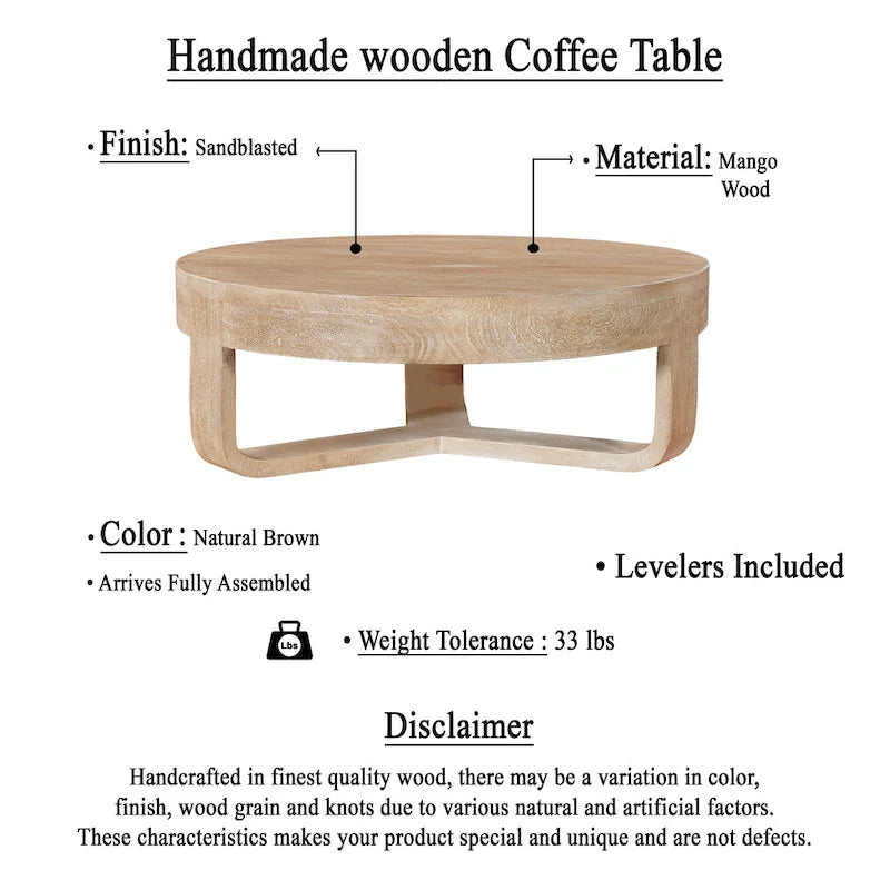 Table basse Milan, plateau rond de 81 cm, bois de manguier finition sablée brun naturel, piètement traîneau ouvert