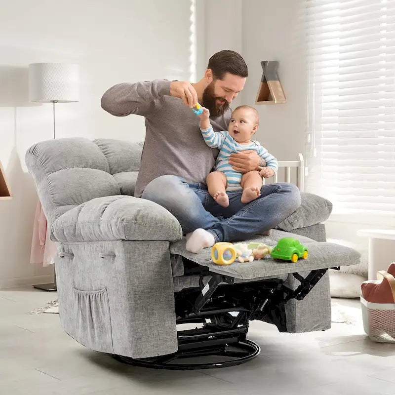 Fauteuil inclinable à bascule pivotant à 360° pour salon, fauteuil berçant rembourré en tissu avec accoudoirs.