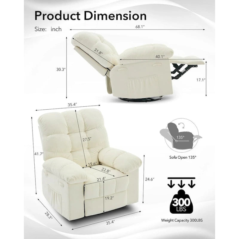 Fauteuil inclinable à bascule pivotant à 360° pour salon, fauteuil berçant rembourré en tissu avec accoudoirs.
