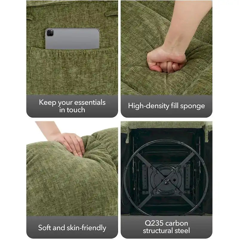 Fauteuil inclinable à bascule pivotant à 360° pour salon, fauteuil berçant rembourré en tissu avec accoudoirs.