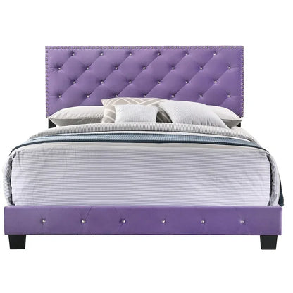 Tufted Faux Jewel Velvet Upholstered Queen Panel Bed - 83 - Purple