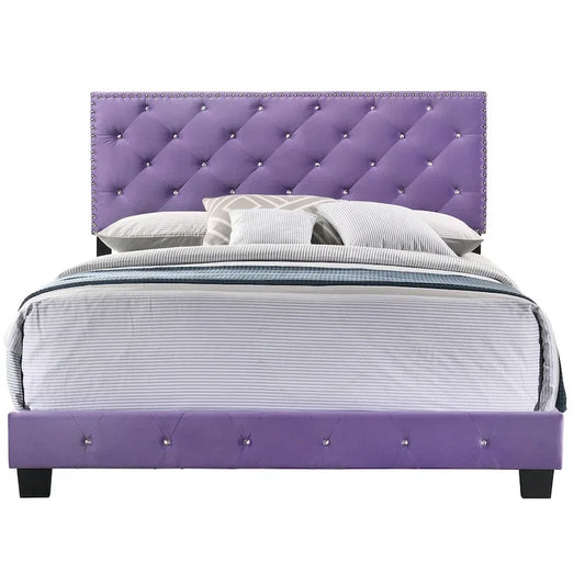 Tufted Faux Jewel Velvet Upholstered Queen Panel Bed - 83 - Purple