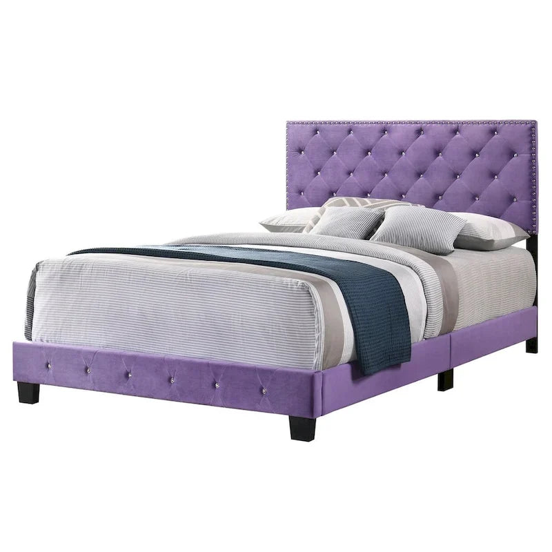 Lit Queen capitonné en velours imitation bijou - 83 - Violet