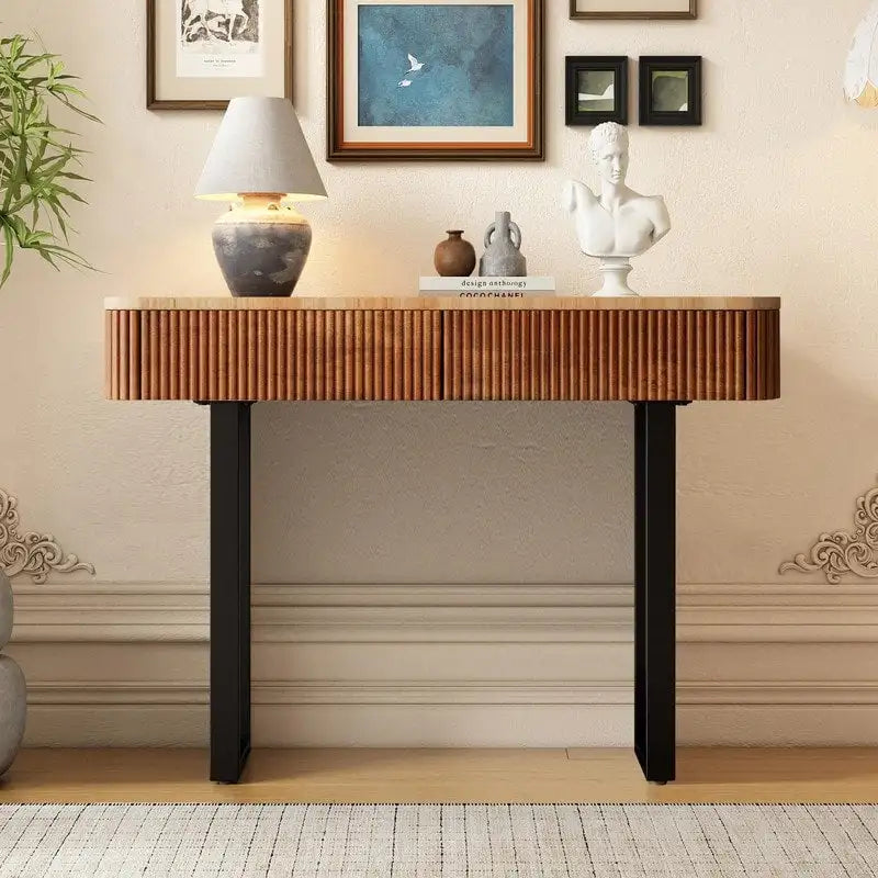 Table console d'entrée en bois massif avec tiroirs cannelés et solutions de rangement