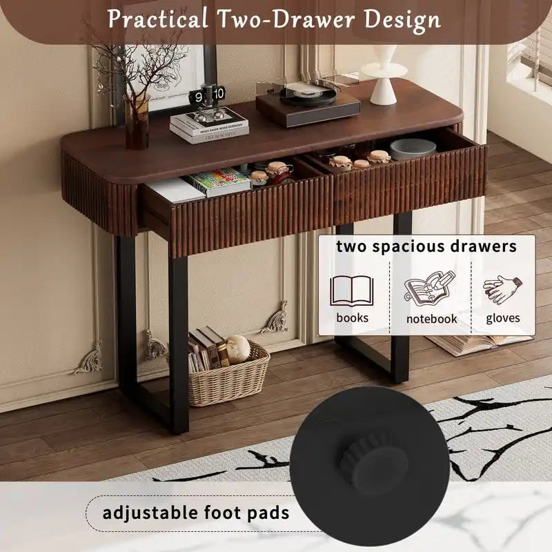 Table console d'entrée en bois massif avec tiroirs cannelés et solutions de rangement