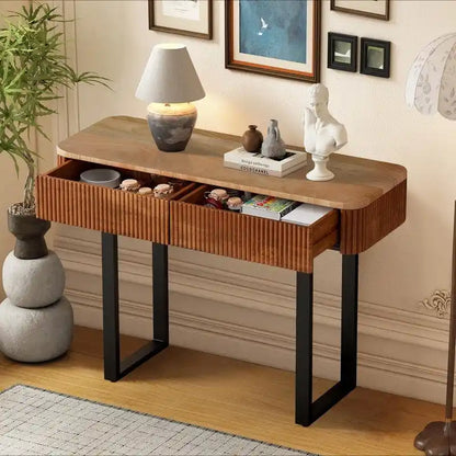 Table console d'entrée en bois massif avec tiroirs cannelés et solutions de rangement