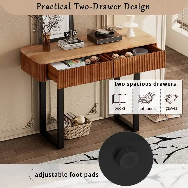 Table console d'entrée en bois massif avec tiroirs cannelés et solutions de rangement