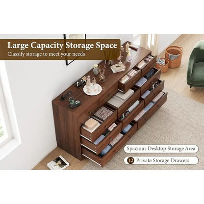 Commode à 12 tiroirs pour chambre à coucher, commode en bois de 155 cm avec prise électrique