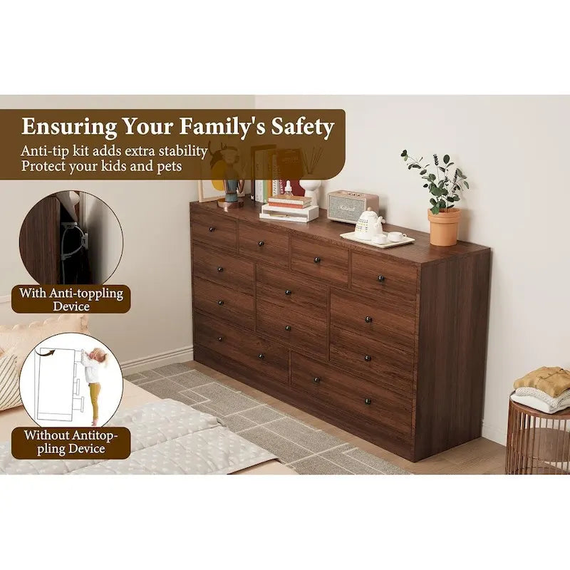 Commode à 12 tiroirs pour chambre à coucher, commode en bois de 155 cm avec prise électrique