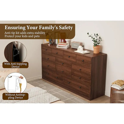 Commode à 12 tiroirs pour chambre à coucher, commode en bois de 155 cm avec prise électrique