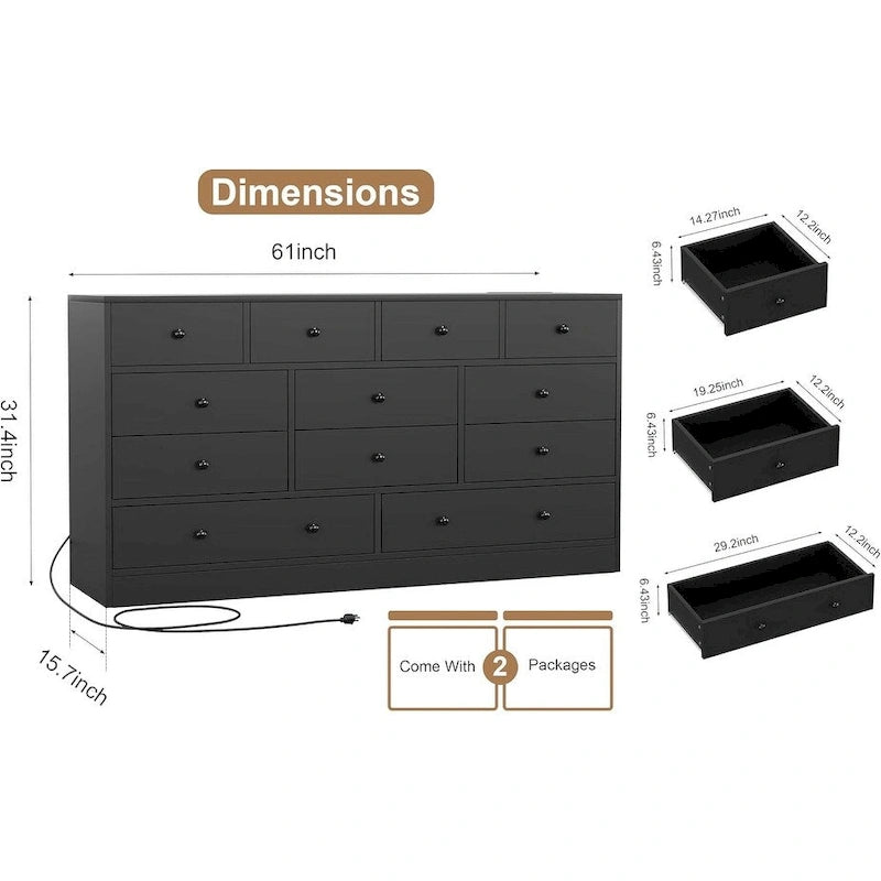 Commode à 12 tiroirs pour chambre à coucher, commode en bois de 155 cm avec prise électrique