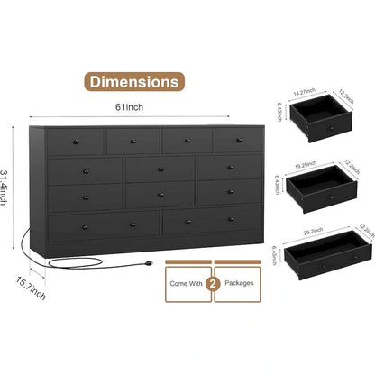 Commode à 12 tiroirs pour chambre à coucher, commode en bois de 155 cm avec prise électrique