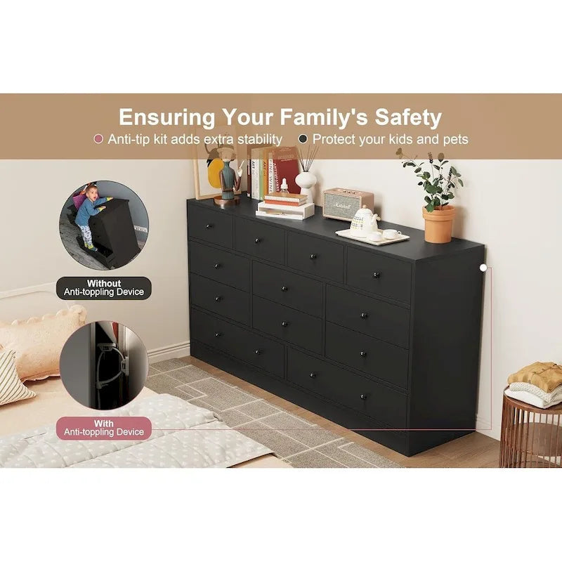 Commode à 12 tiroirs pour chambre à coucher, commode en bois de 155 cm avec prise électrique