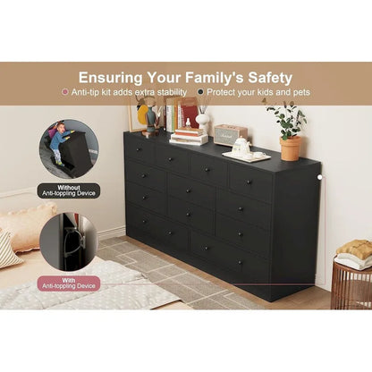 Commode à 12 tiroirs pour chambre à coucher, commode en bois de 155 cm avec prise électrique