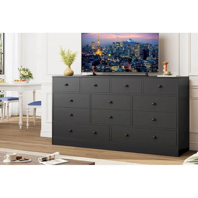 Commode à 12 tiroirs pour chambre à coucher, commode en bois de 155 cm avec prise électrique