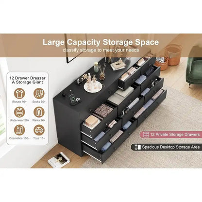 Commode à 12 tiroirs pour chambre à coucher, commode en bois de 155 cm avec prise électrique