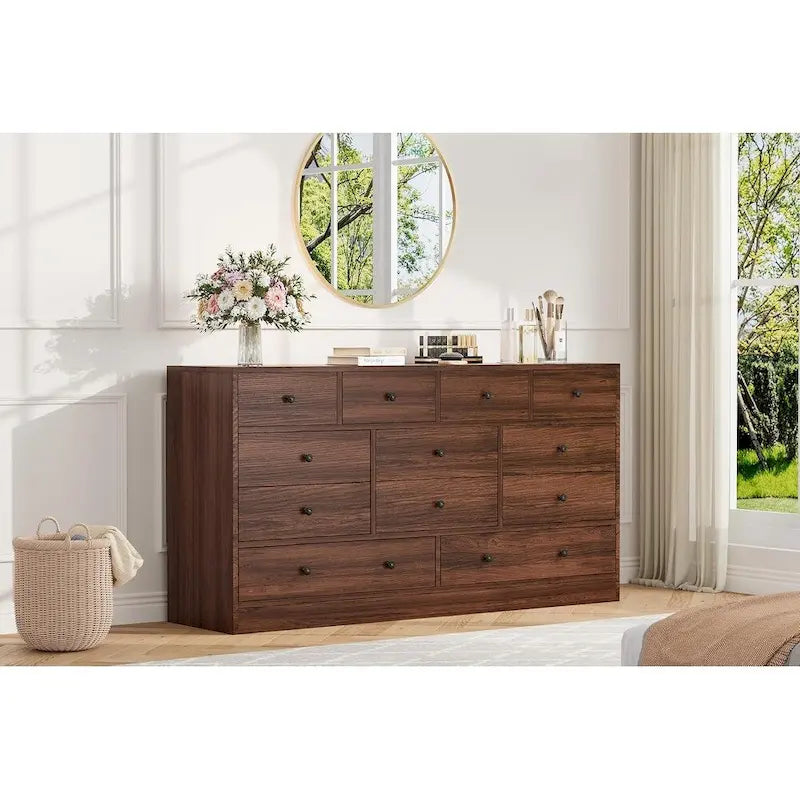 Commode à 12 tiroirs pour chambre à coucher, commode en bois de 155 cm avec prise électrique