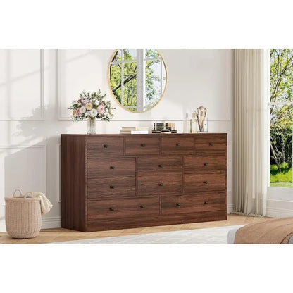 Commode à 12 tiroirs pour chambre à coucher, commode en bois de 155 cm avec prise électrique