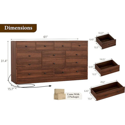 Commode à 12 tiroirs pour chambre à coucher, commode en bois de 155 cm avec prise électrique