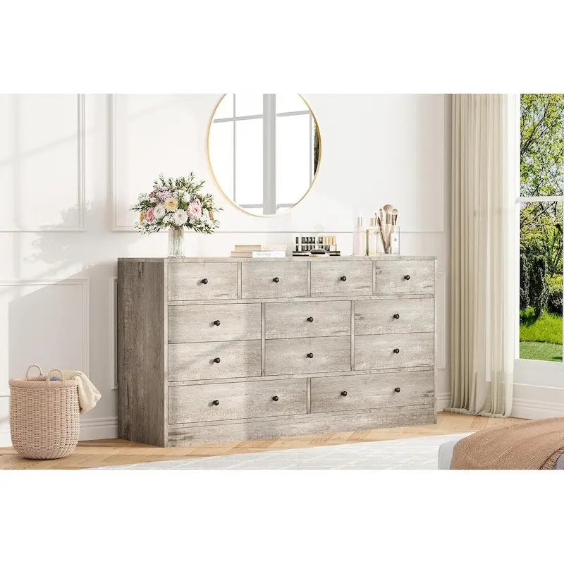 Commode à 12 tiroirs pour chambre à coucher, commode en bois de 155 cm avec prise électrique