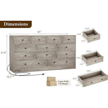 Commode à 12 tiroirs pour chambre à coucher, commode en bois de 155 cm avec prise électrique