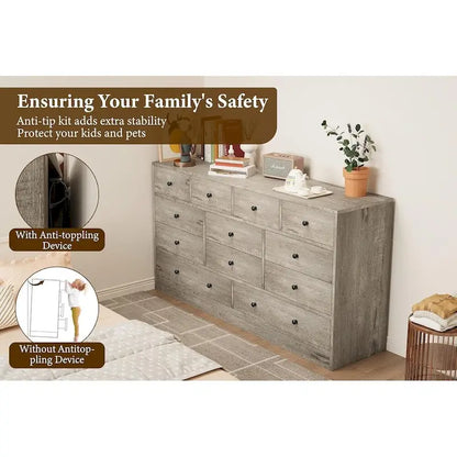 Commode à 12 tiroirs pour chambre à coucher, commode en bois de 155 cm avec prise électrique