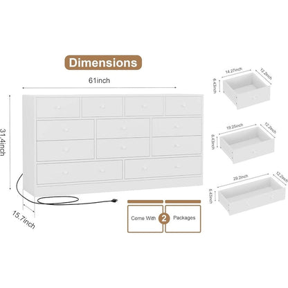 Commode à 12 tiroirs pour chambre à coucher, commode en bois de 155 cm avec prise électrique
